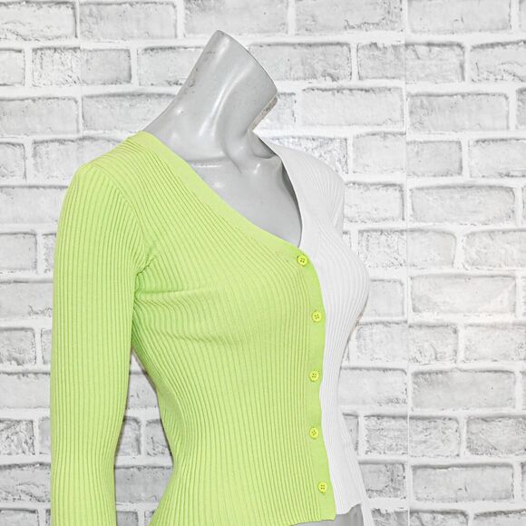 STAUD Women's Cargo Sweater Ribbed cardigan lime white colorblock - Picture 7 of 7